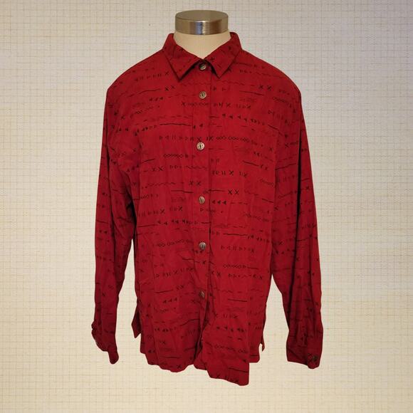 90s Abstract Print Red Plush Button Up Shirt Dressbarn XL Geometric Motif - Picture 1 of 7